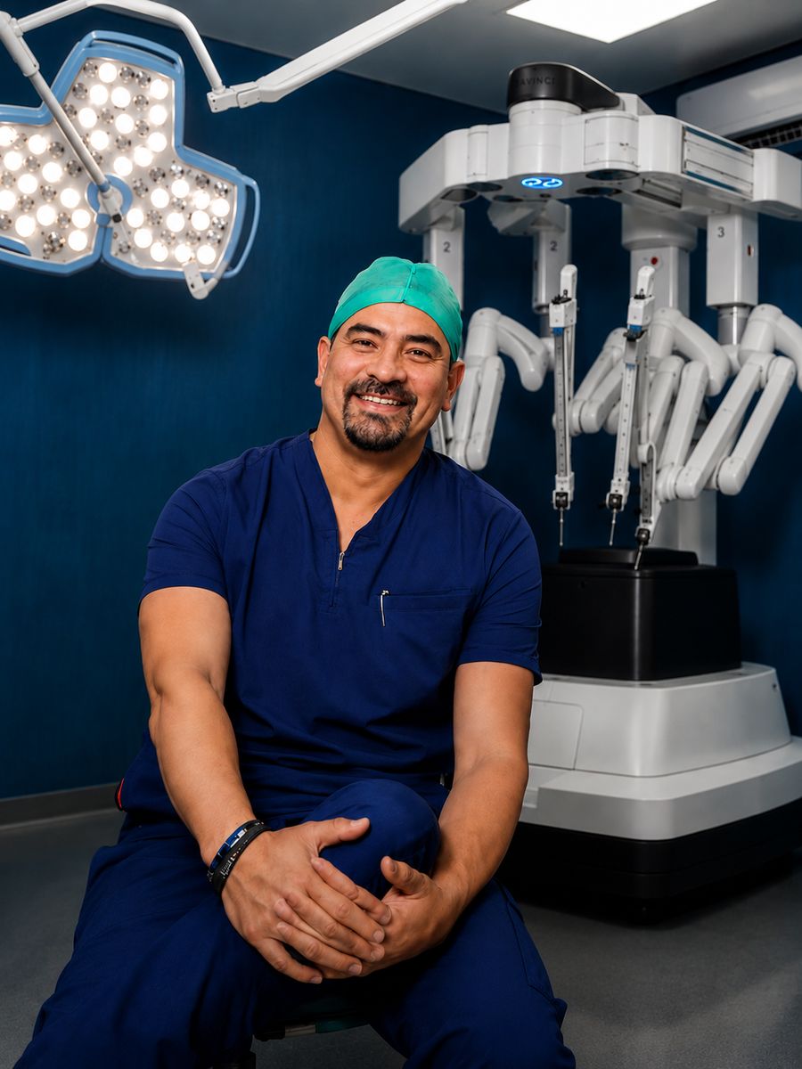 El Dr. Gerardo González Mendoza junto al sistema robótico Da Vinci, Hospital Ángeles Torreón